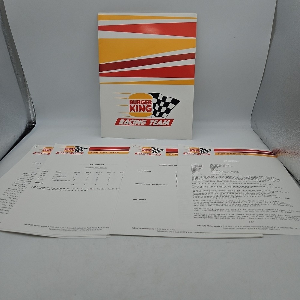 Vintage Nascar Press Kit Burger King Racing Team Joe Nemechek‎ Media Guide